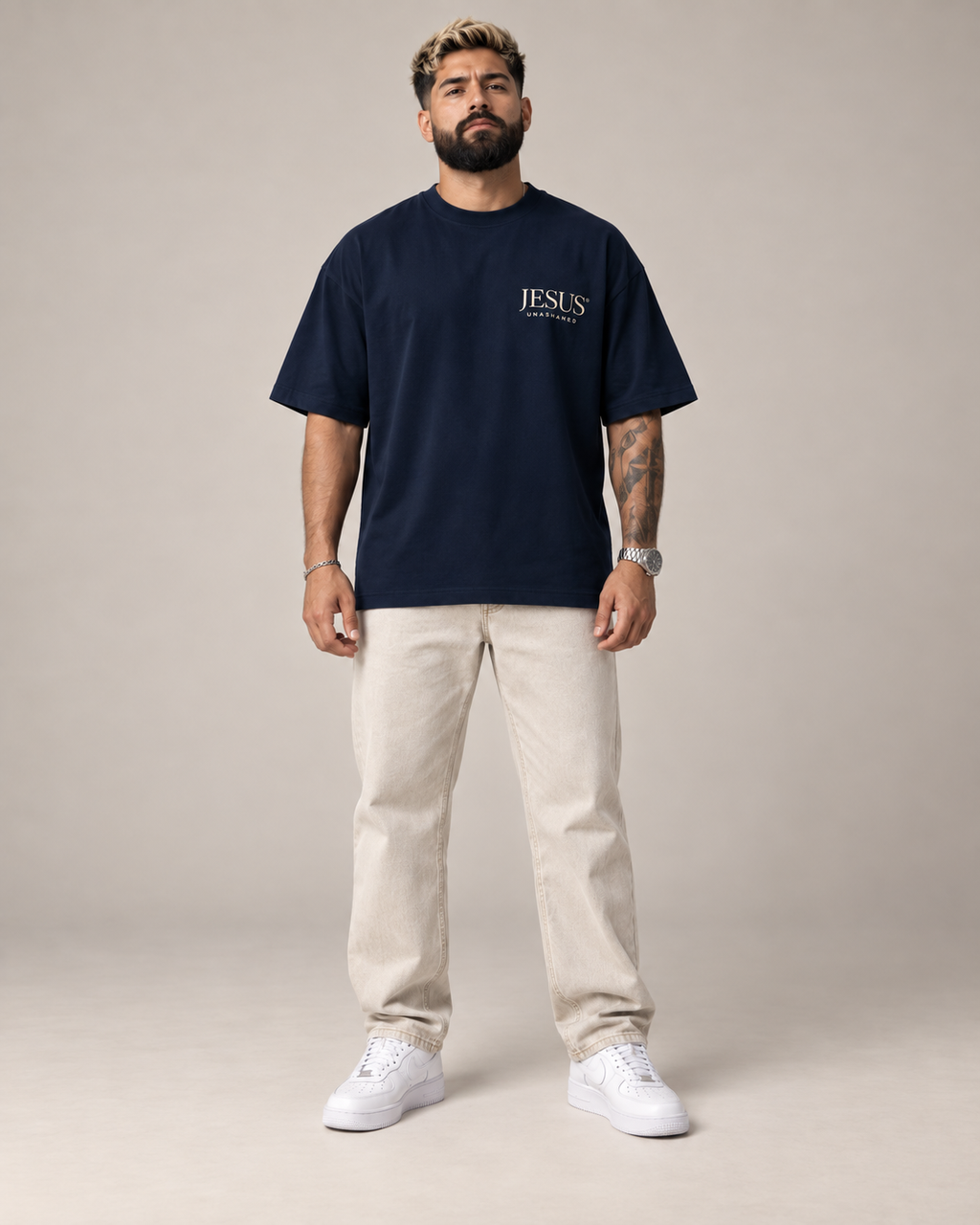 Jesus Unashamed Oversized Tee – Navy/Gold