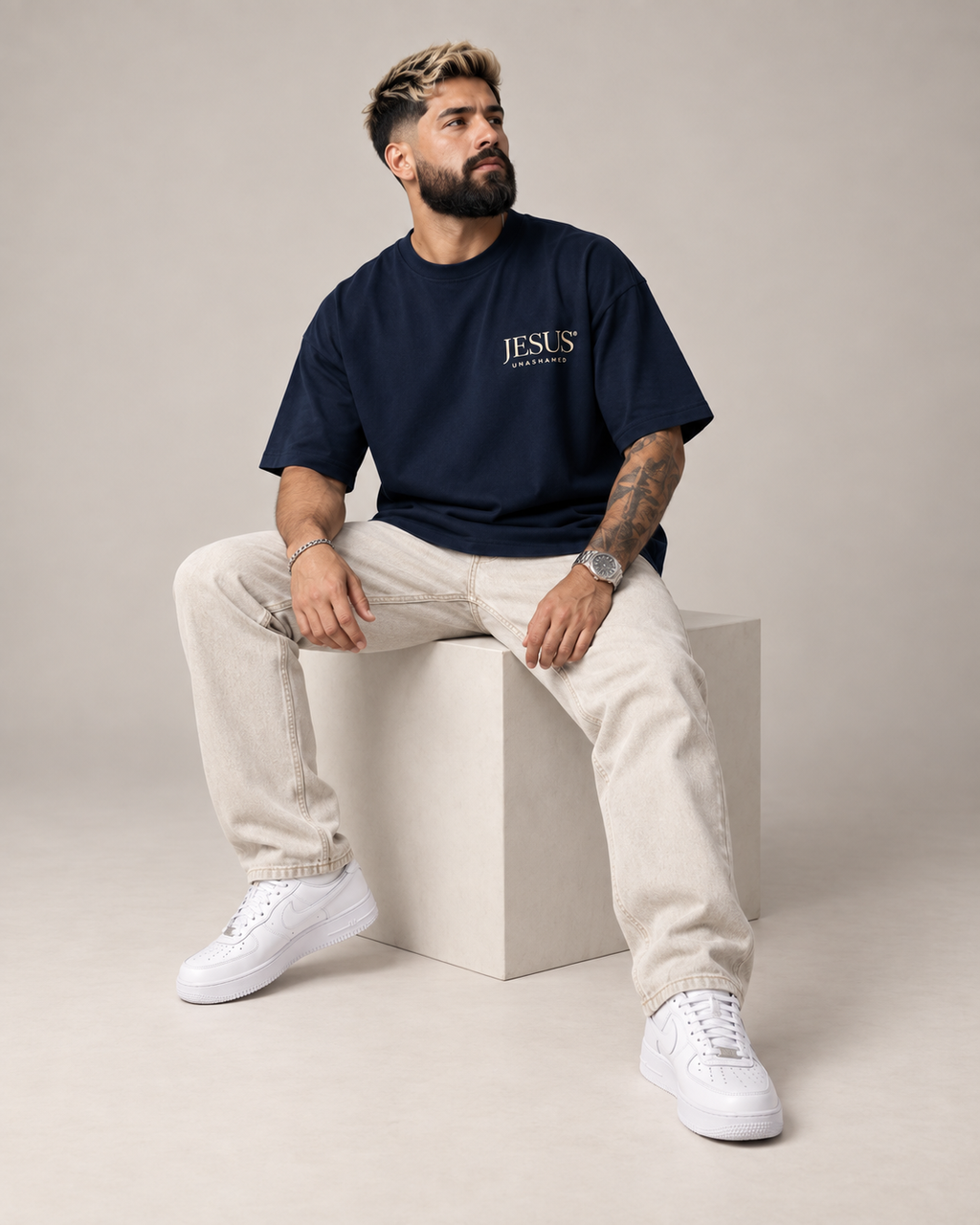 Jesus Unashamed Oversized Tee – Navy/Gold
